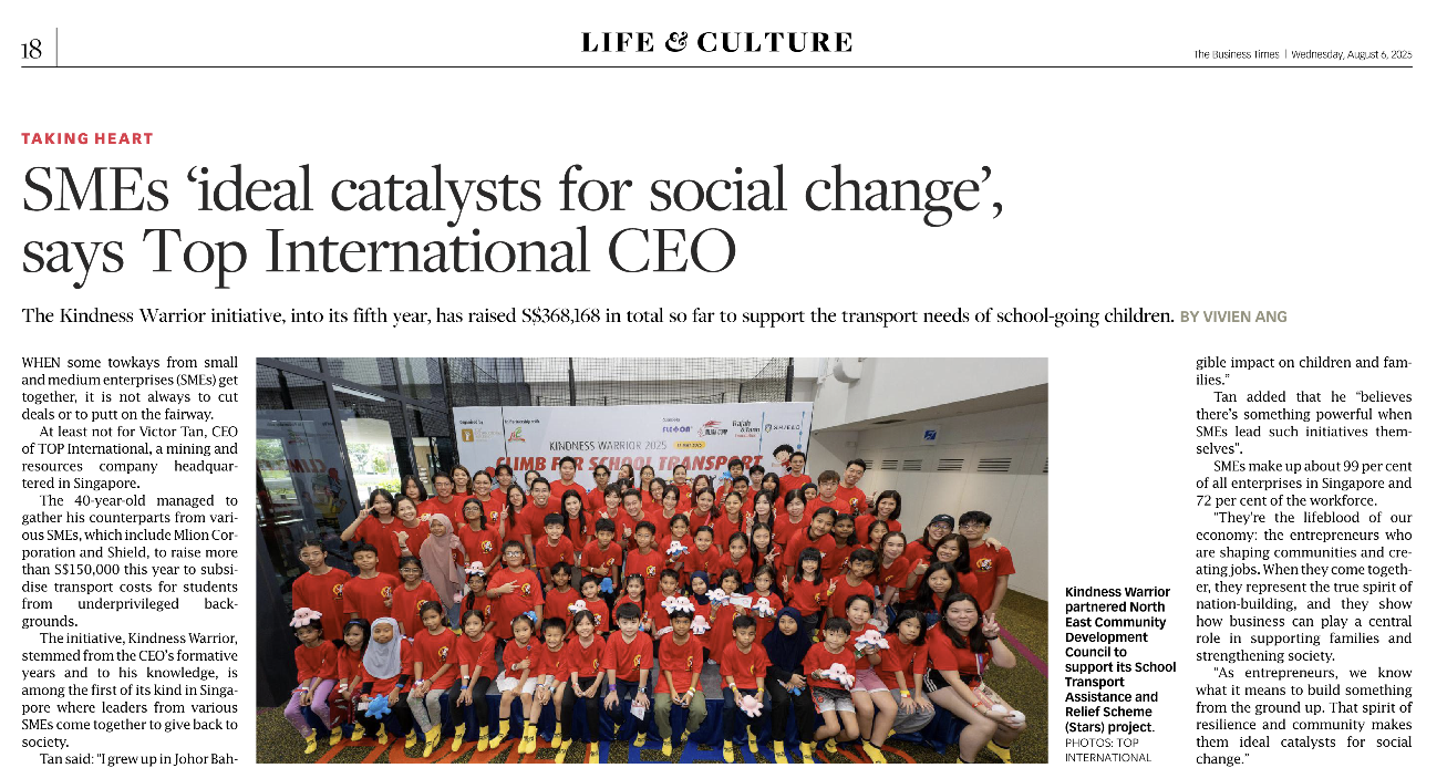 The Business Times: SMEs ‘ideal catalysts for social change’, says Top International CEO